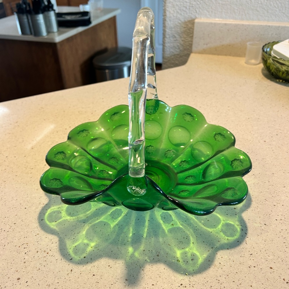 Fenton Priscilla Green Glass Basket with Clear Handle